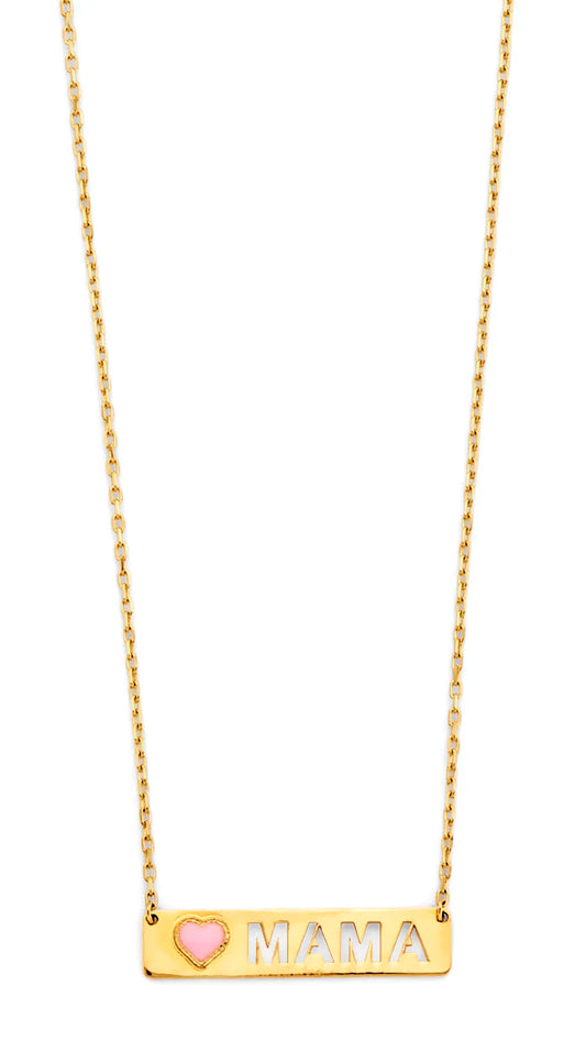 14K Yellow Gold Mama Heart Bar Necklace 17"+1" Extender