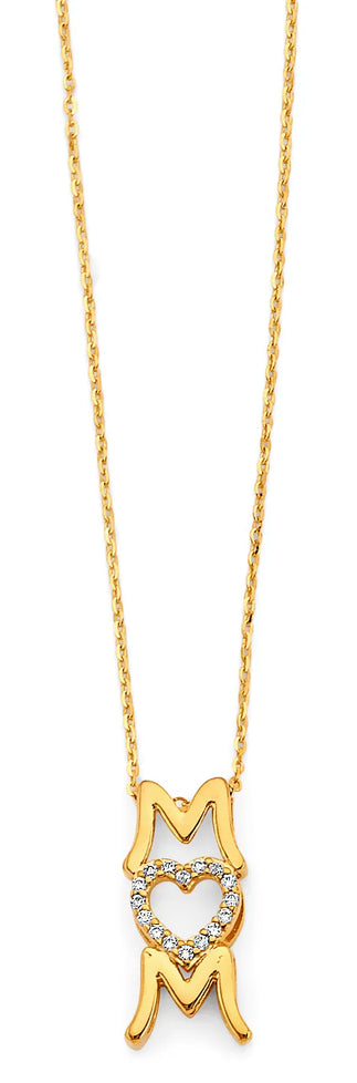 14K Yellow Gold Mom Heart CZ Necklace 17
