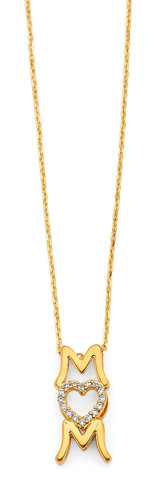 14K Yellow Gold Mom Heart CZ Necklace 17"+1" Extender