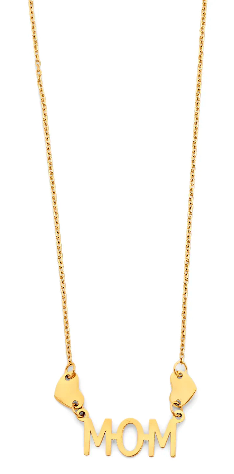 14K Yellow Gold Mom Heart Link Necklace 17"+1' Extender