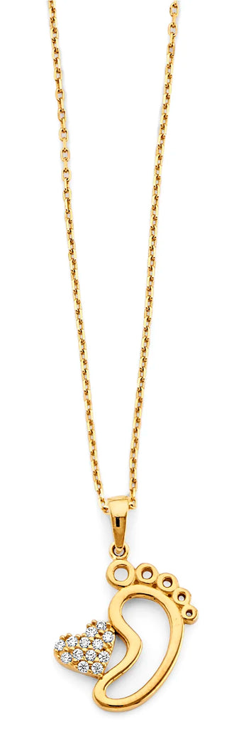 14K Yellow Gold Baby Foot CZ Pendant Necklace 17