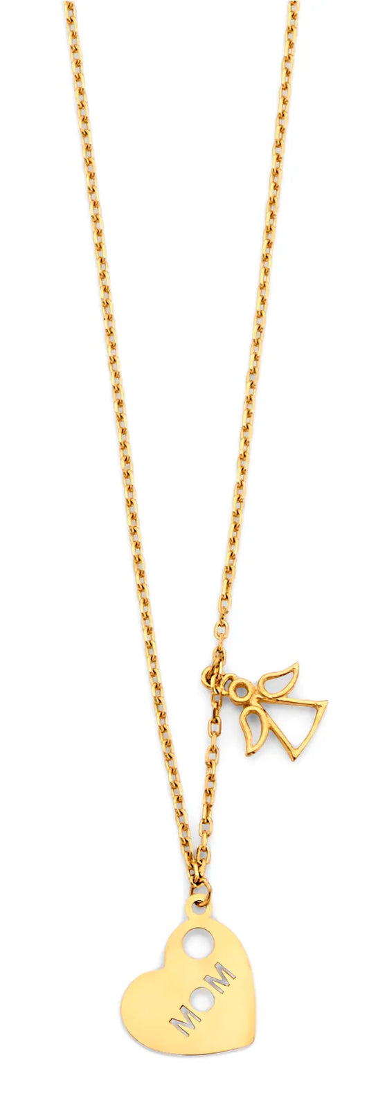 14K Yellow Gold Mom Heart & Angel Double Pendant Necklace 17"+1" Extender