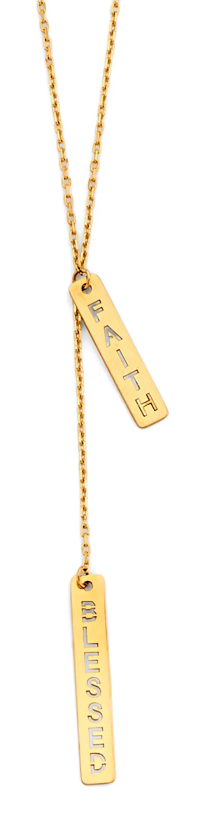 14K Yellow Gold Faith & Blessed Double Bar Necklace 17"+1" Extender