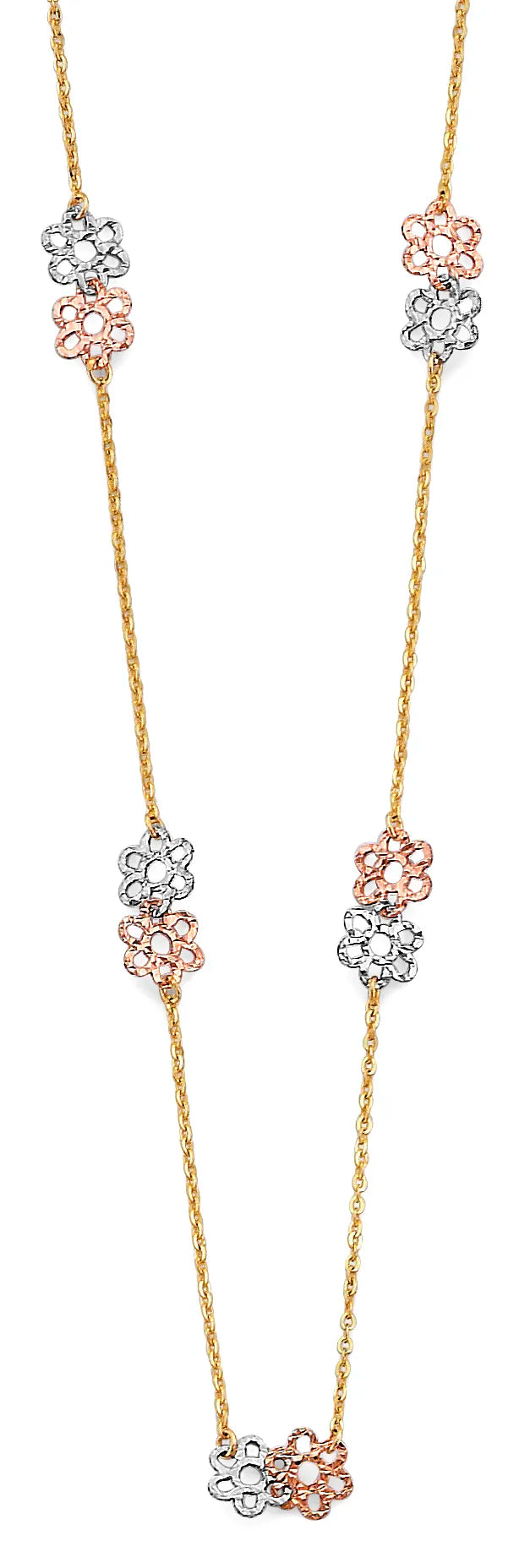 14K Tri-Color Gold Flower Station Necklace – 17" + 1" Extender