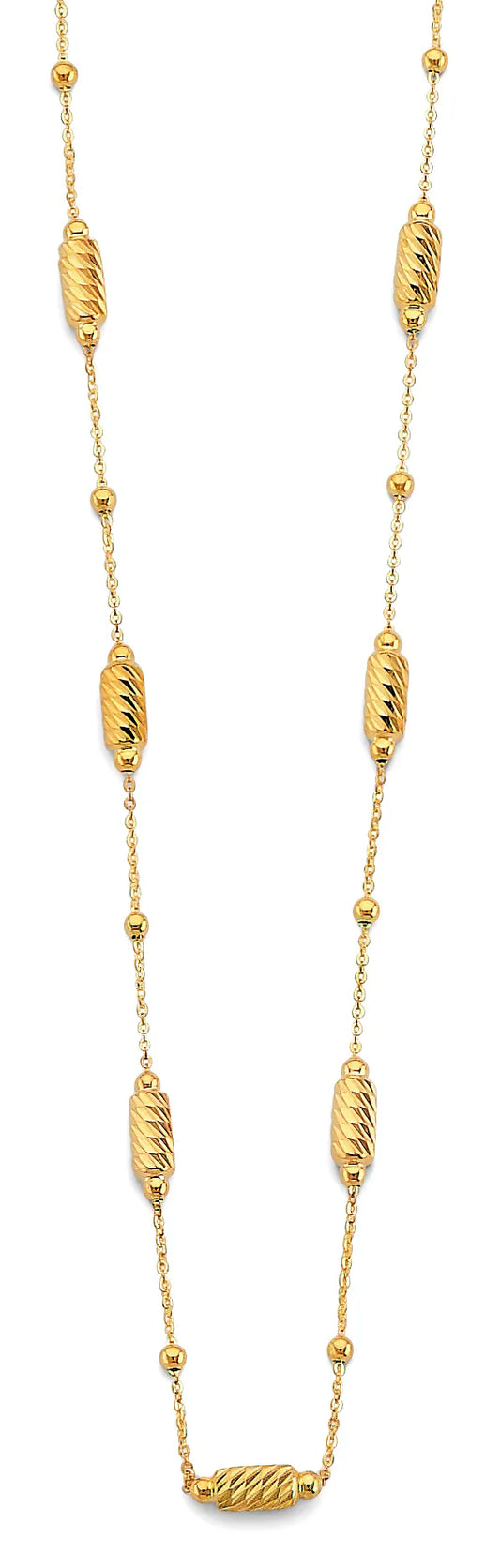14K Yellow Gold Textured Barrel Station Necklace – 17" + 1" Extender