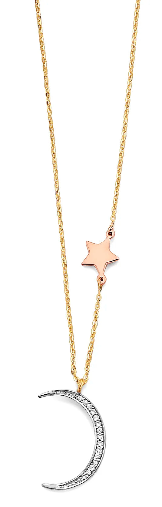 14K Tri-Color Gold CZ Crescent Moon & Star Necklace – 17" + 1" Extender