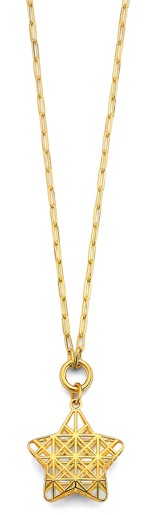 14K Yellow Gold Geometric Star Design Paperclip Link Necklace – 17" + 1" Extender
