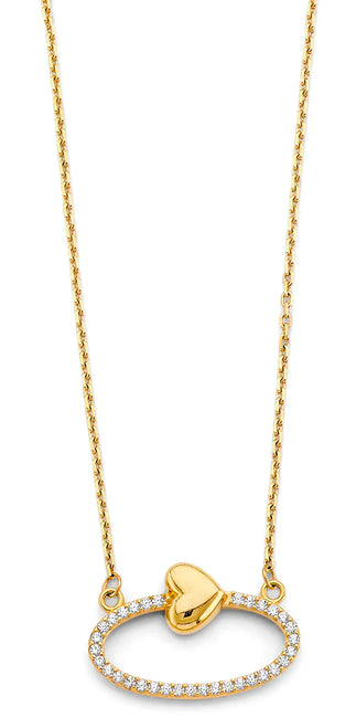 14K Yellow Gold Heart Design CZ Circle Necklace  17