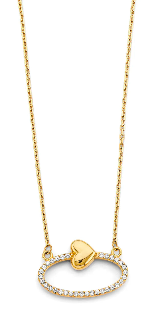 14K Yellow Gold Heart Design CZ Circle Necklace  17"+1" Extender