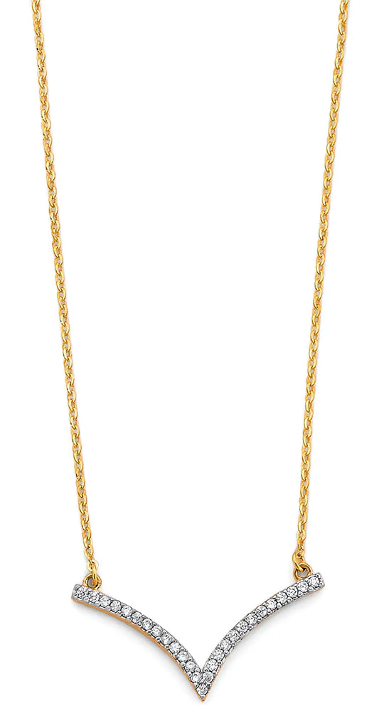 14K Two-Tone Gold V Design CZ Necklace 17"+1" Extender