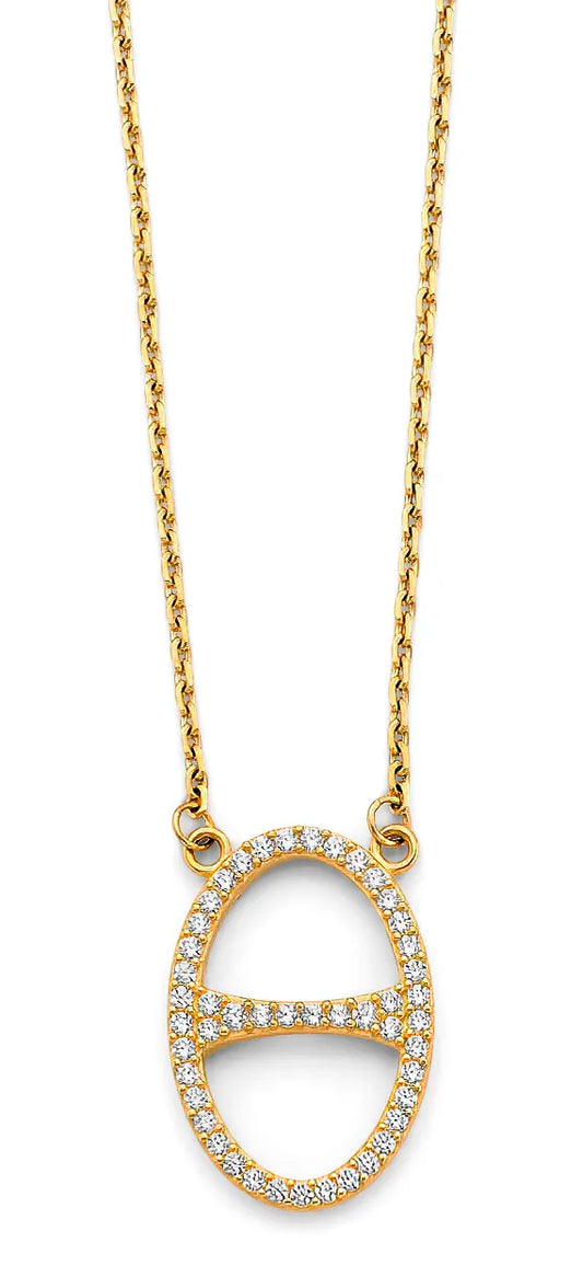 14K Yellow Gold Oval Design CZ Necklace 17"+1" Extender