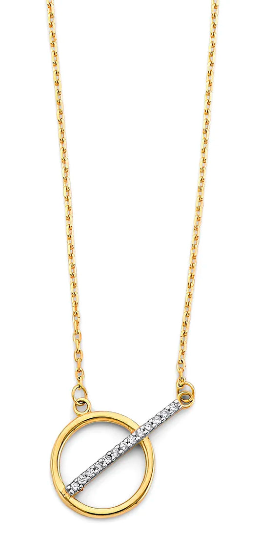 14K Two-Tone Gold Circle Bar CZ Necklace 17"+1" Extender
