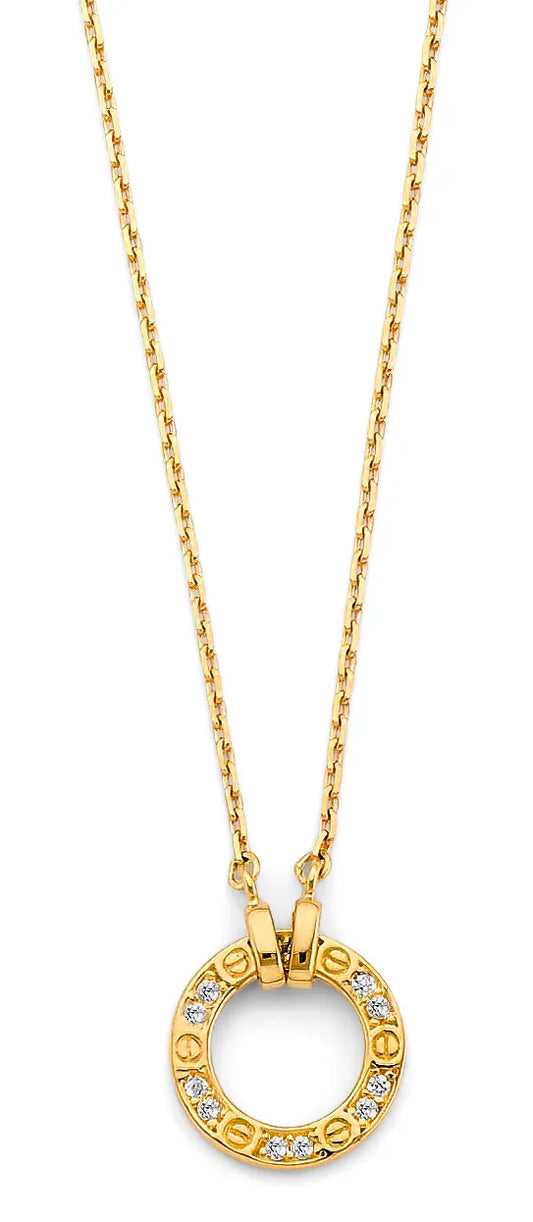 14K Yellow Gold Screw Design Circle CZ Pendant Necklace 17"+1" Extender