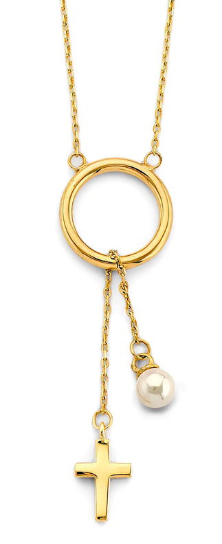 14K Yellow Gold Circle Cross & Pearl Dangle Pendant Necklace 17