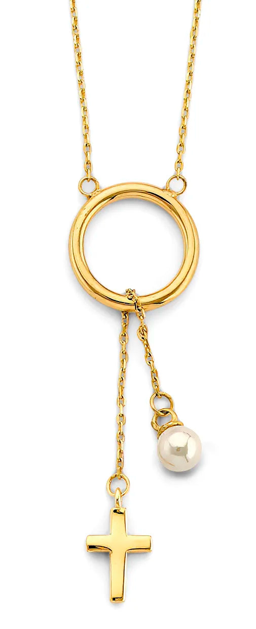 14K Yellow Gold Circle Cross & Pearl Dangle Pendant Necklace 17"+1" Extender