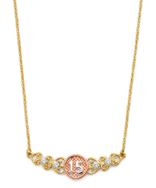 14K Tri-Color Gold Sweet 15 Heart CZ Necklace 17"+1" Extender