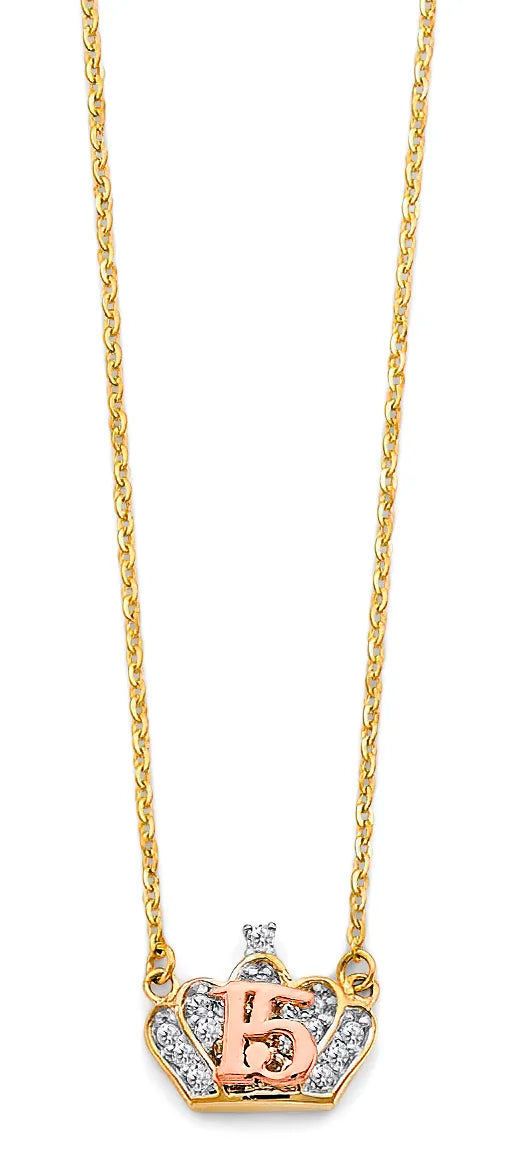 14K Two-Tone Gold Sweet 15 Crown CZ Necklace 17"+1" Extender