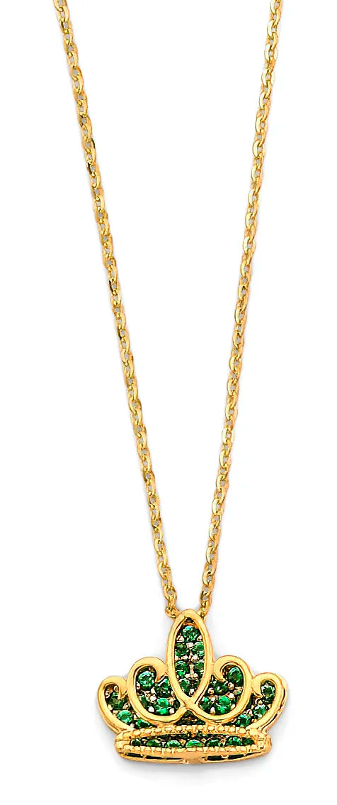 14K Yellow Gold Sweet 15 Crown Synthetic Emerald Green CZ Necklace 17"+1" Extender