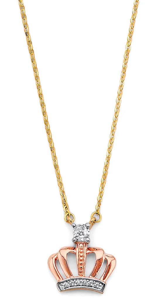14K Tri-Color Gold Crown CZ Necklace 17"+1" Extender