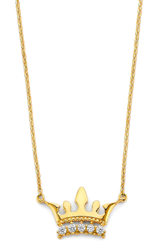 14K Yellow Gold Crown CZ Necklace 17"+1" Extender