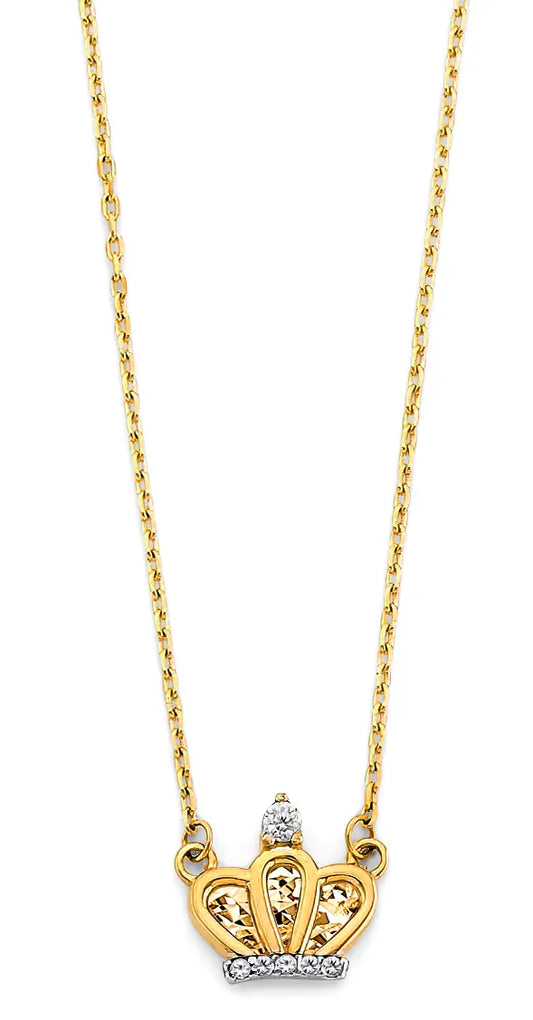 14K Two-Tone Gold Crown CZ Necklace 17"+1" Extender
