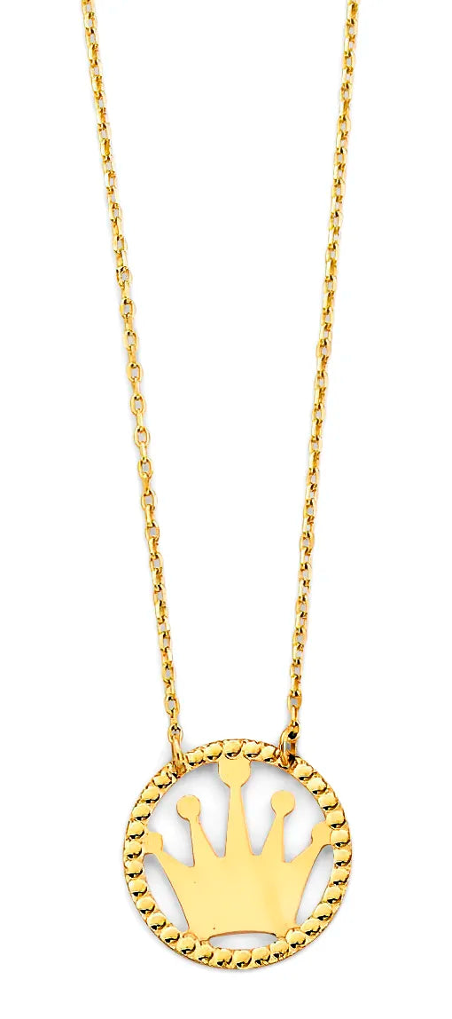 14K Yellow Gold Crown Circle Pendant Necklace 17"+1" Extender