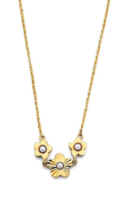 14K Two-Tone Gold Triple Flower Design Necklace 17"+1" Extender