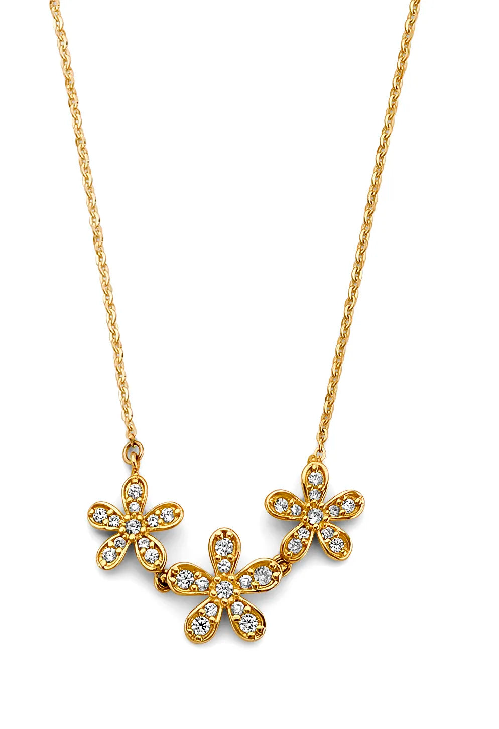 14K Yellow Gold Triple Flower Design CZ Necklace 17"+1" Extender