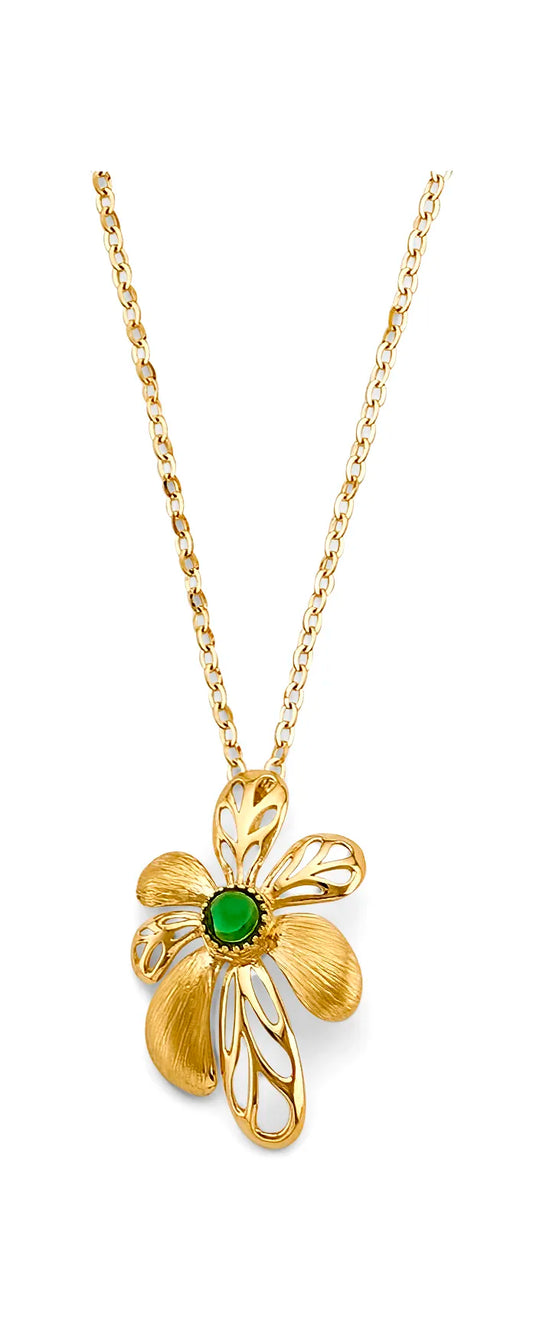14K Yellow Gold Filigree Flower Design Synthetic Emerald Green CZ Necklace 17"+1" Extender