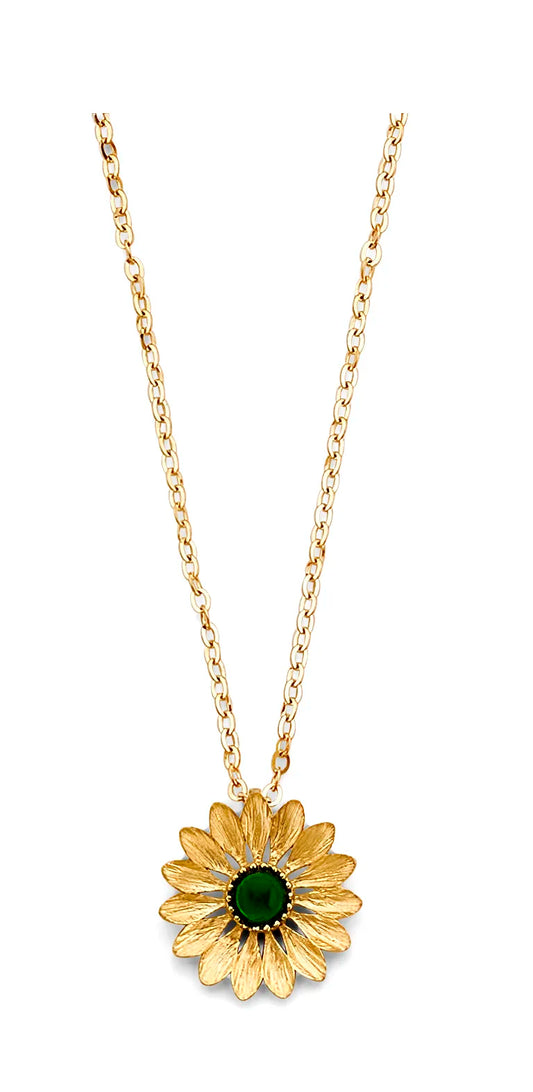 14K Yellow Gold Sunflower Design Synthetic Emerald Green CZ Necklace 17"+1" Extender