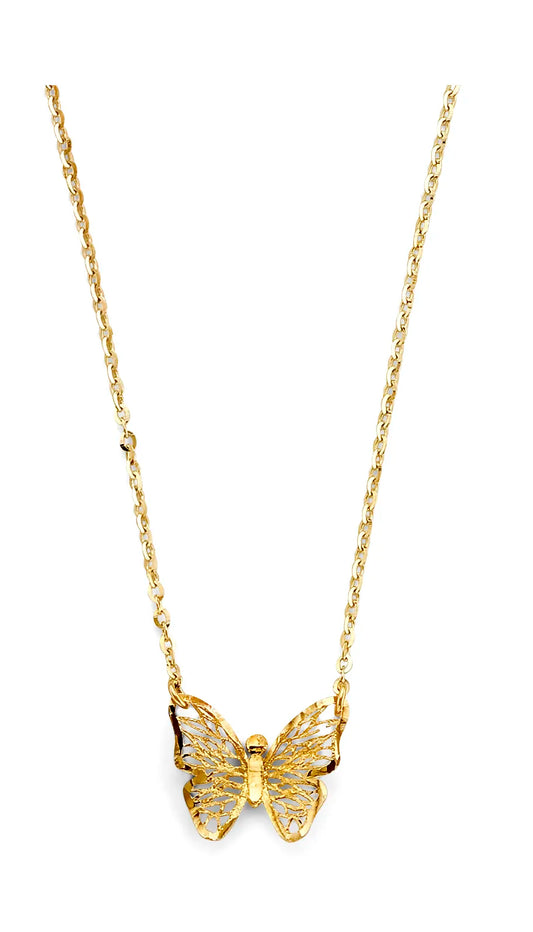 14K Yellow Gold Filigree Butterfly Design Necklace 17"+1" Extender