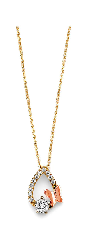 14K Tri-Color Gold Butterfly Teardrop Design CZ Necklace 17