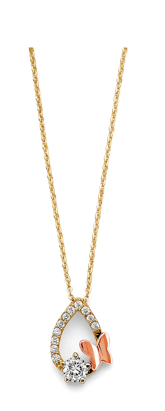 14K Tri-Color Gold Butterfly Teardrop Design CZ Necklace 17"+1" Extender