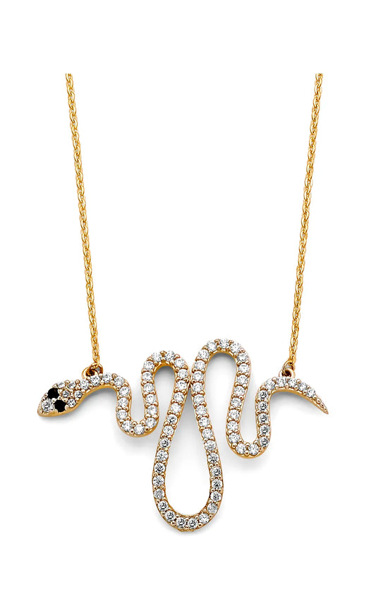 14K Yellow Gold Snake Design CZ Necklace 17"+1" Extender