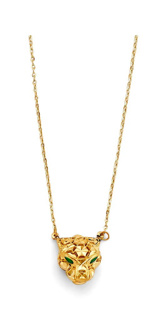 14K Yellow Gold Panther Head Design Synthetic Emerald Green CZ Necklace 17"+1" Extender
