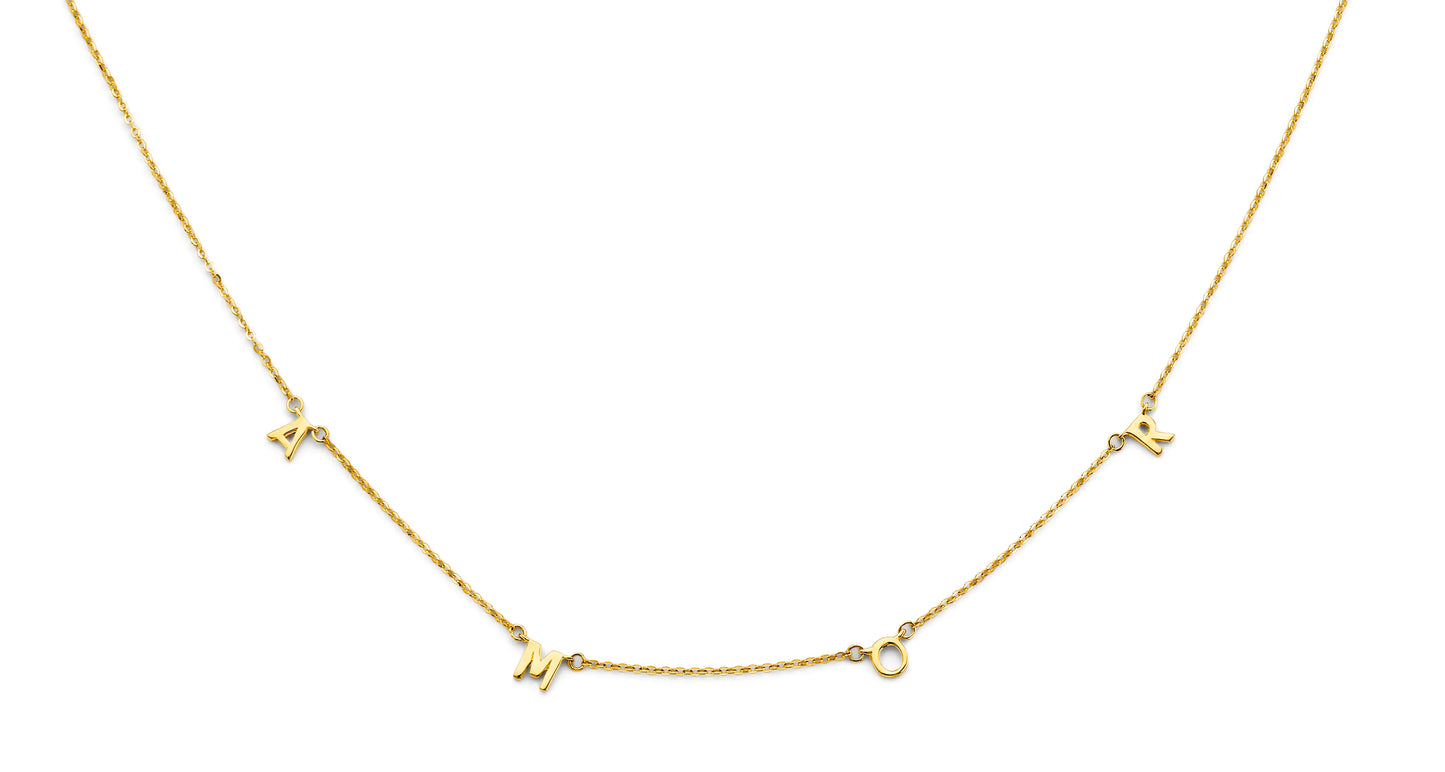 14K Yellow Gold Amor Letter Station Necklace 17"+1" Extender