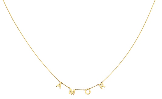14K Yellow Gold Amor Letter Station Necklace 17"+1" Extender