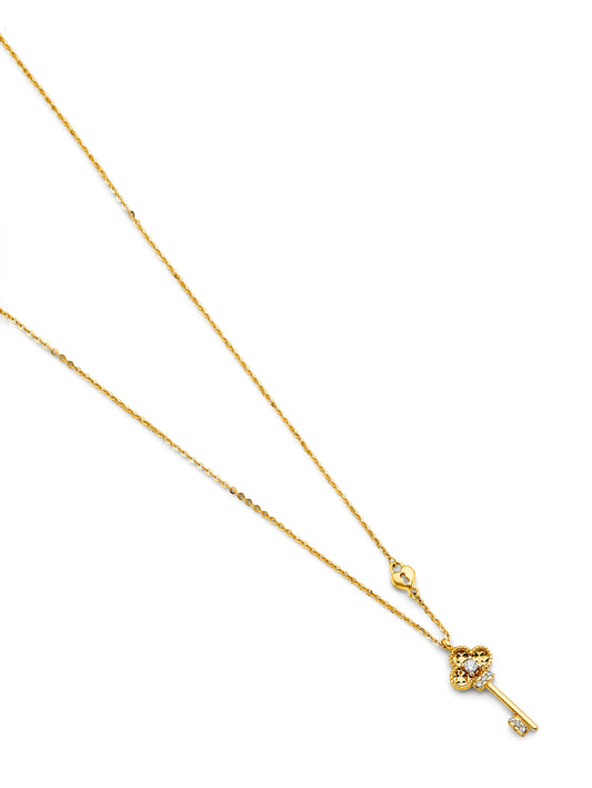 14K Yellow Gold Clover Key CZ Pendant Necklace 17"+1" Extender