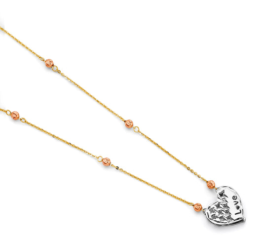 14K Tri-Color Gold Virgin Mary Heart Station Necklace 17"+1" Extender