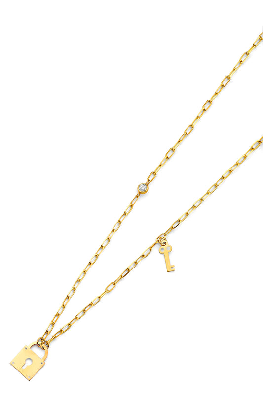 14K Yellow Gold Lock & Key CZ Station Pendant Necklace Size 18"