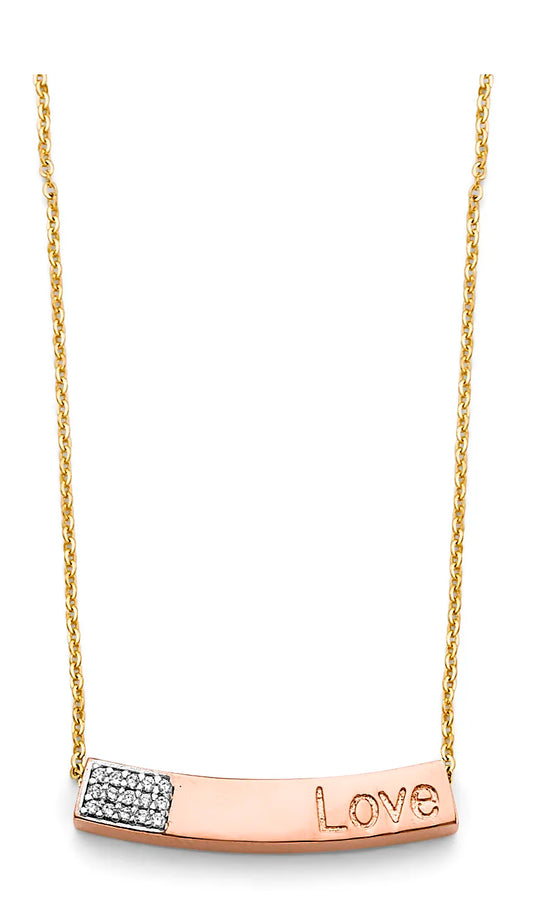 14K Tri-Color Gold Love Curved Bar CZ Pendant Necklace 17"+1" Extender