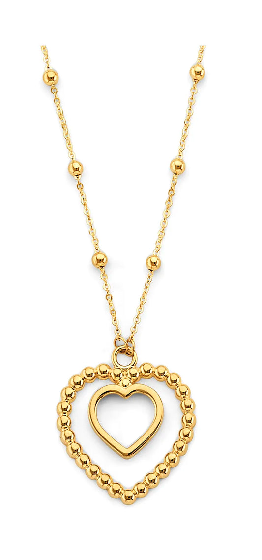 14K Yellow Gold Beaded Heart Pendant Necklace 17"+1" Extender
