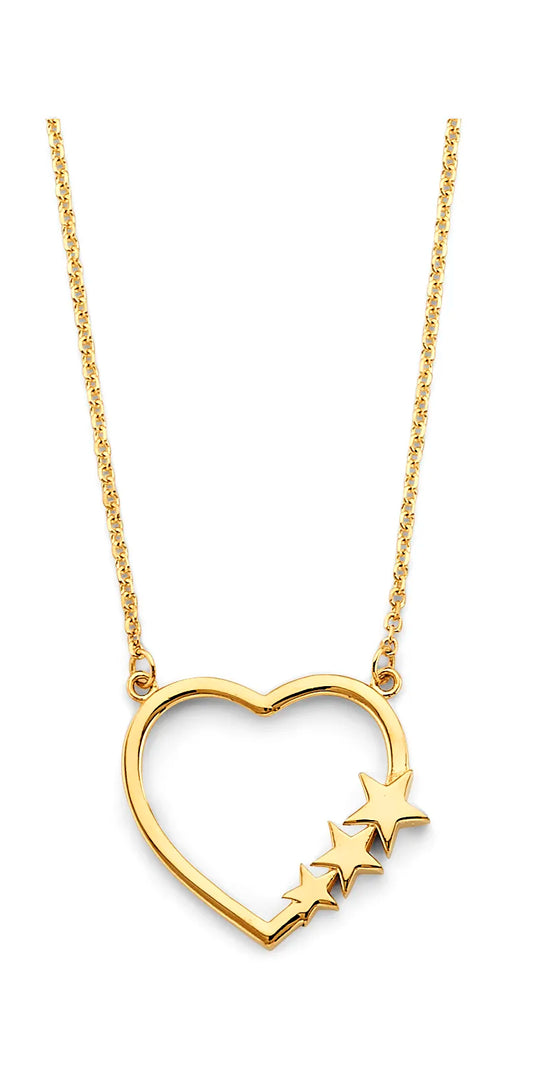 14K Yellow Gold Open Heart with Stars Pendant Necklace 17"+1" Extender