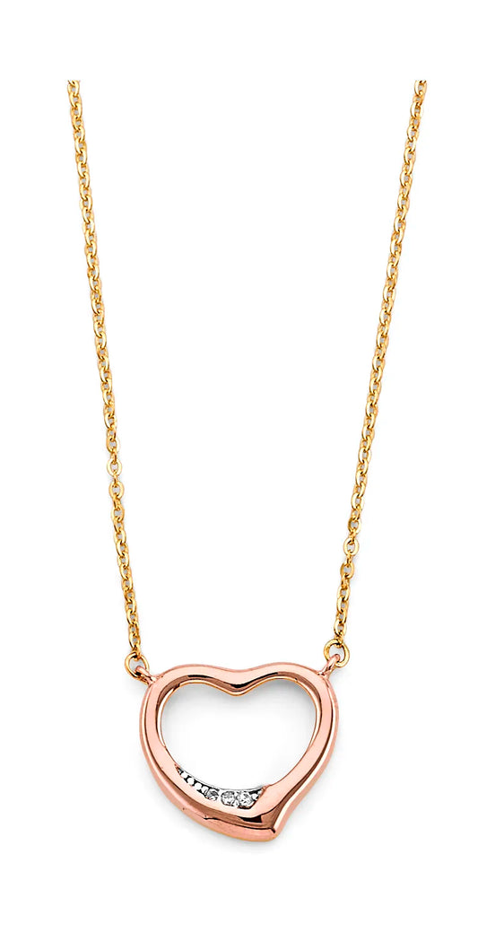 14K Two-Tone Gold Open Heart CZ Pendant Necklace 17"+1" Extender
