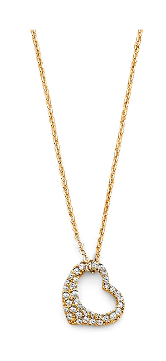 14K Yellow Gold Open Heart CZ Pendant Necklace 17"+1" Extender