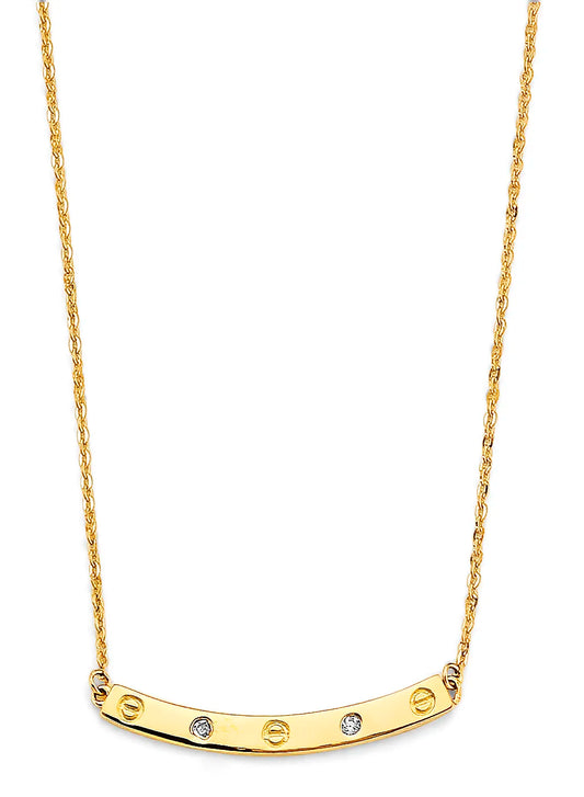 14K Yellow Gold Screw Design CZ Curved Bar Pendant Necklace – 17" + 1" Extender