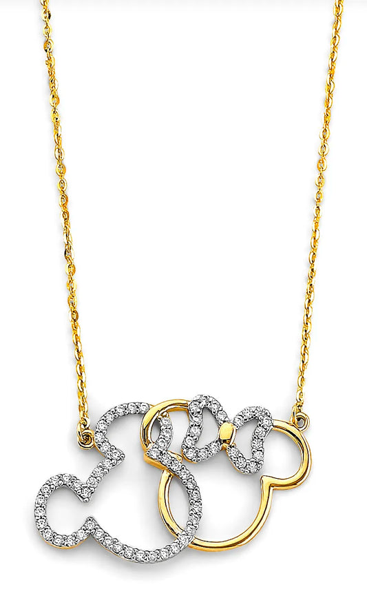 14K Two-Tone Gold “Love” Mouse Silhouette CZ Pendant Necklace – 17" + 1" Extender