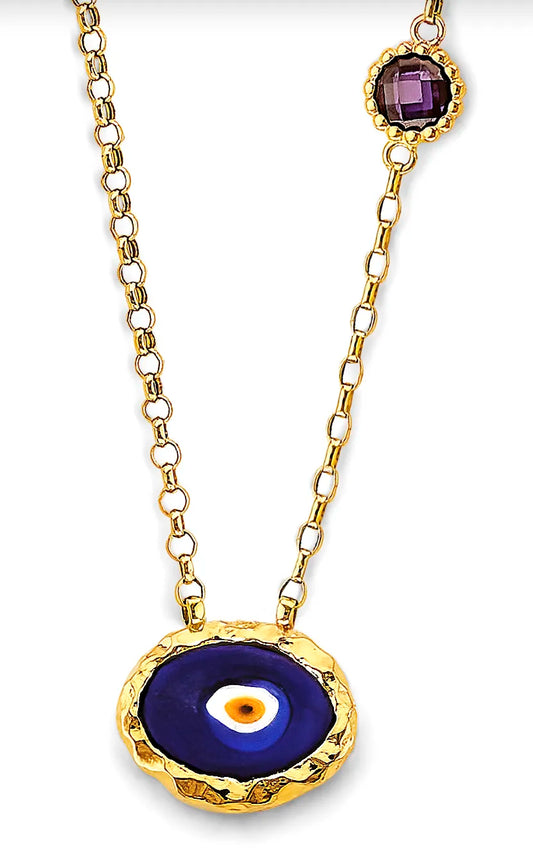 14K Yellow Gold Evil Eye Enamel Pendant Necklace – 17" + 1" Extender