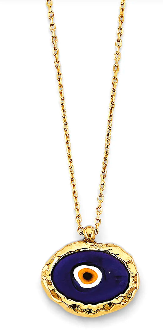 14K Yellow Gold Round Evil Eye Enamel Pendant Necklace – 17" + 1" Extender