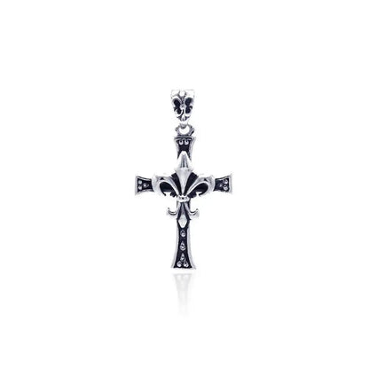 925 Sterling Silver Oxidized Fleur De Lis Cross Pendant